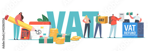 Vat, Value Added Tax Return Service Concept. Male or Female Characters Getting Refund for Foreign Shopping in Airport