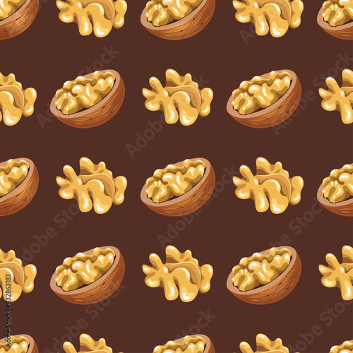 Seamless pattern with walnuts on a brown background.