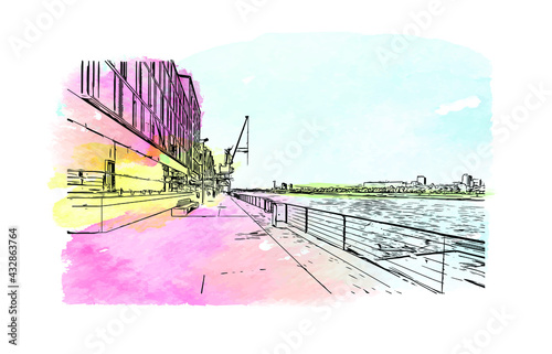 Building view with landmark of Colognec is the city in Germany. Watercolor splash with hand drawn sketch illustration in vector.