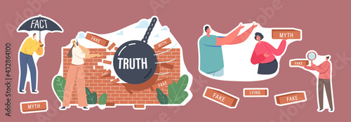 Set of Stickers Myths and Facts, Information Accuracy. Character under Umbrella, Ball Demolishing Fake News Wall