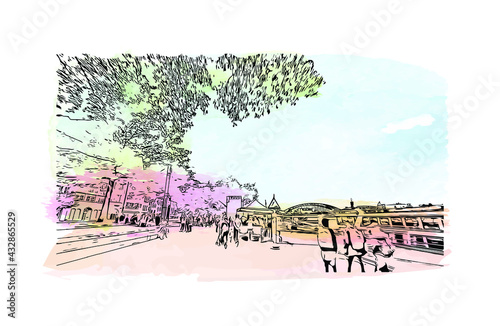 Building view with landmark of Colognec is the city in Germany. Watercolor splash with hand drawn sketch illustration in vector.