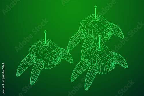 Spider robot with radar antenna. Nanobot, nanotechnology medical concept. Wireframe low poly mesh vector illustration
