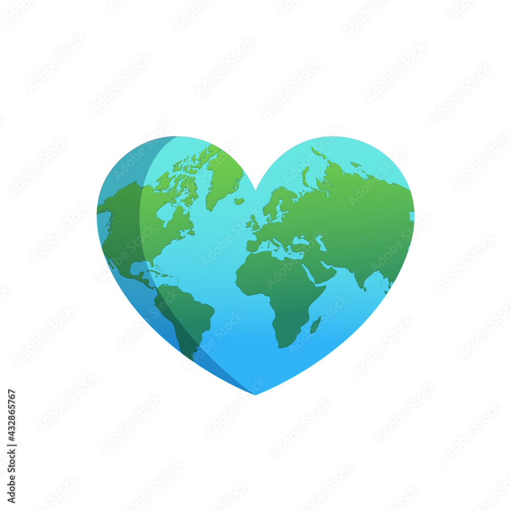 Heart with white world map isolated on white background. World health day concept.  Happy earth day. Vector stock