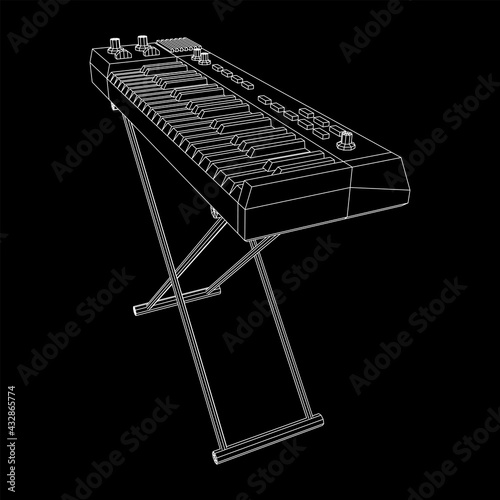 Piano roll analog synthesizer faders buttons knobs. Wireframe low poly mesh vector illustration.
