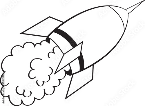 Black and white illustration of a rocket ship blasting off.