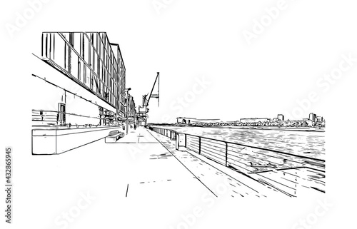 Building view with landmark of Colognec is the city in Germany. Hand drawn sketch illustration in vector.
