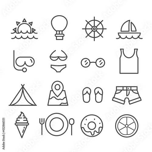 Set of summer vacation on the beach icons. Natural and animal concept outline isolated on white background