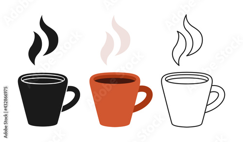Cup with smoke. Hot espresso coffee cartoon set line icon, black glyph style. Trendy Coffee cup beverage, cafe breakfast vector illustration. Hot sign caffeine drink branding and cafe label design