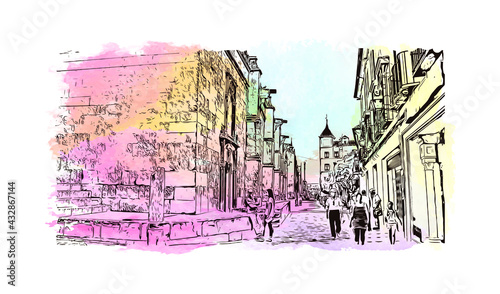 Building view with landmark of Cordoba is the 
city in Spain. Watercolor splash with hand drawn sketch illustration in vector.