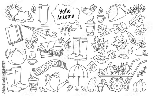 Autumn hand drawn trendy cartoon doodle, set. Rural black line rustic fall leave, book coffee, umbrella, cup drink sticker icons collection. Kettle, sock pumpkin autumn clip art web card vector poster
