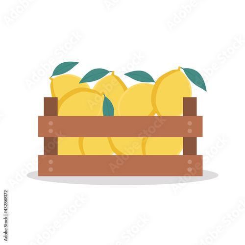 Wooden box  full of lemons. Vector illustration