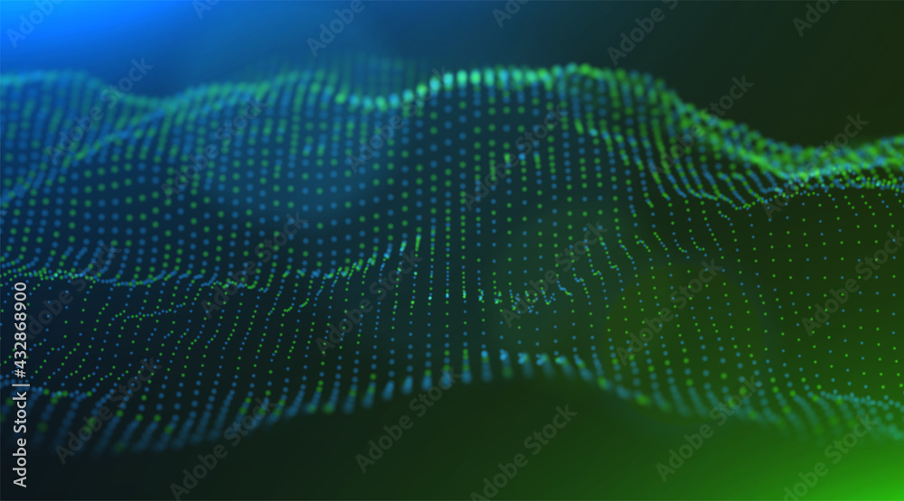 Wave of blue and green particles. Abstract technology flow background. Sound mesh pattern or grid landscape. Digital data structure consist dot elements. Future vector illustration. Wave of blue and green particles. Abstract technology flow background. Sound mesh pattern or grid landscape. Digital data structure consist dot elements. Future vector illustration.