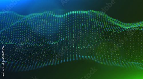 Wave of blue and green particles. Abstract technology flow background. Sound mesh pattern or grid landscape. Digital data structure consist dot elements. Future vector illustration.