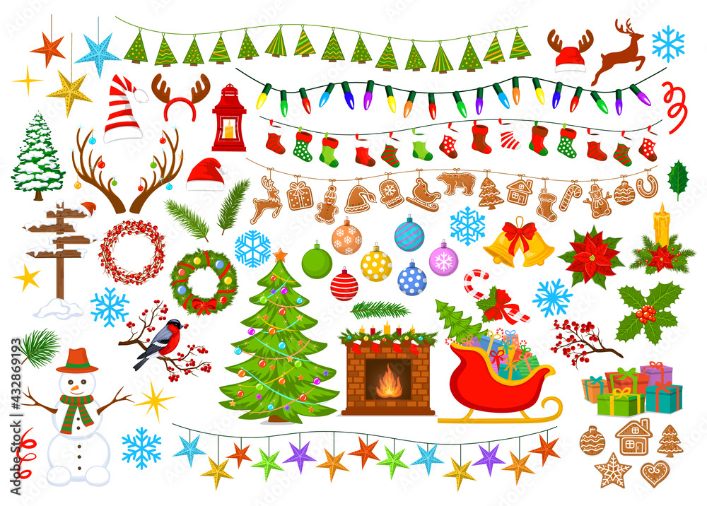 Merry Christmas and Happy New Year, seasonal, winter xmas decoration items objects elements  design set collection including christmas tree, santa sleigh with presents, fireplace with wreaths