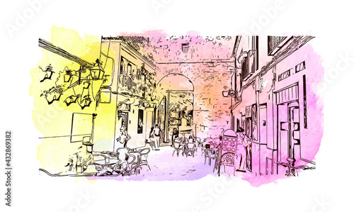Building view with landmark of Cordoba is the 
city in Spain. Watercolor splash with hand drawn sketch illustration in vector.