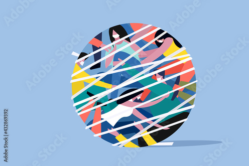 Conceptual illustration of people wearing mask are tied together with a rope like a sphere . A concept of social life at the time of Covid -19 pandemic