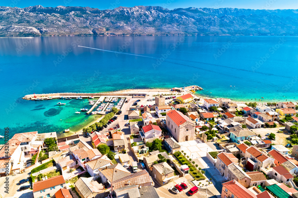 Fototapeta premium Razanac. Historic town of Razanac and Velebit channel aerial view
