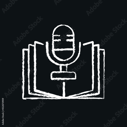 Microphone and book chalk icon. Podcast. Thin line flat vector illustration.