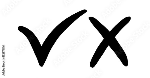 Wrong and right. Icon check mark yes and x. Black color sign isolated on white background. Wrong or right checkmark. Symbol correct and false. Tick box. Ok or cross. Done choice. Vector illustration