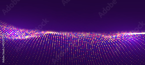 Wave of purple particles. Abstract technology flow background. Sound mesh pattern or grid landscape. Digital data structure consist dot elements. Future vector illustration.