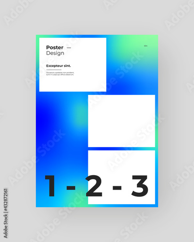 Fototapeta Naklejka Na Ścianę i Meble -  Abstract Placard, Poster, Flyer, Banner Design. Colorful gradient figure on vertical A4 format. Holographic effect. Decorative neon backdrop. Gradient shapes and large typography. Vector Eps10.