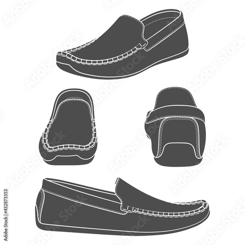 Set of black and white illustrations with shoes, moccasins. Isolated vector objects on a white background.
