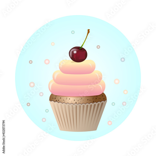Cupcake decorated with cherry. Vector muffins isolated. Illustration of chocolate cupcake with cream.