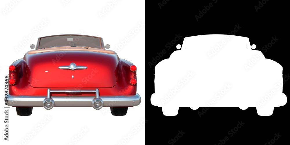 convertible sport car city tourism luxury transport 1 1950s - back view white background alpha png 3D Rendering Ilustracion 3D - obrazy, fototapety, plakaty 