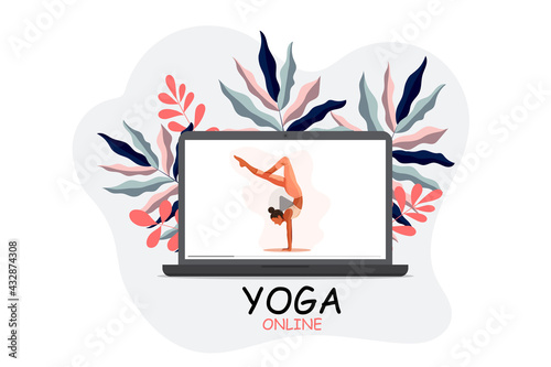 Yoga online class landing page template concept. Girl doing yoga online at home using her laptop