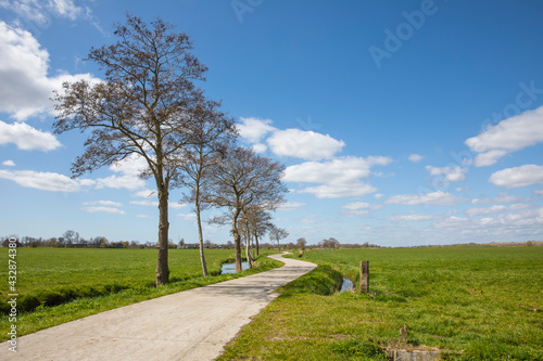 Dutch landscape with a small road / cycling path, along a canal boarded with trees with blue sky and clouds, province Groningen, the Netherlands