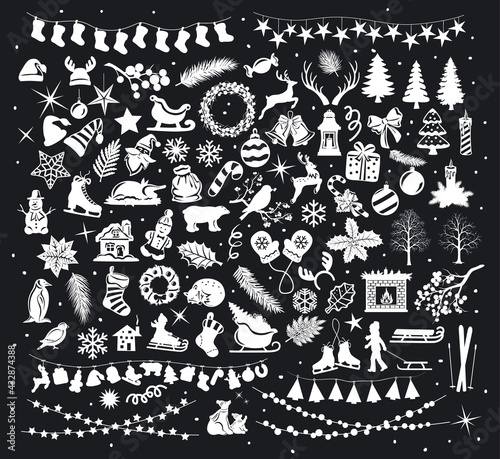 Merry Christmas and Happy New Year winter set collection of silhouettes with xmas animals, food, branches, foliage, fireplace, garlands, snowflakes, cookies, sleds, sleighs, wreaths, skates
