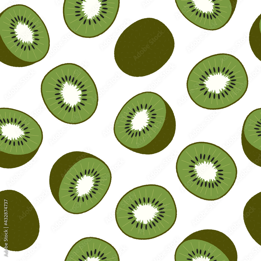 Kiwi, sliced and whole fruit. Seamless pattern on white. Flat vector illustration. Texture for print, fabric, textile, wallpaper.