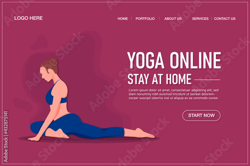 Yoga online class landing page template concept. Girl doing yoga online at home using her laptop