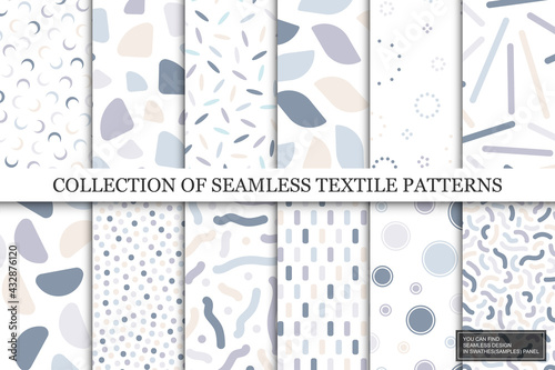 Collection of vector seamless colorful patterns. Trendy delicate textile design. Simple unusual prints. You can find repeatable backgrounds in swatches panel