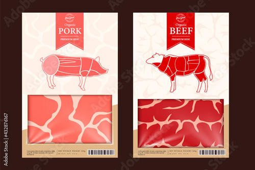 Beef packaging or label. Cow icon. Meat beefsteak texture. Butcher's shop design elements