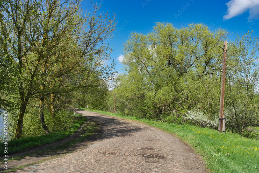 Spring rural landscape, old road in village Spring rural landscape, old road in village