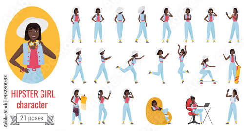 Girl in jeans and hat poses infographic vector illustration set. Cartoon young woman hipster character with various postures and emotions, posing running standing walking working isolated on white