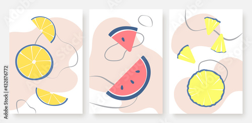 Summer orange lemon watermelon fruits, abstract minimal wall art vector illustration set. Social media stories and post template.