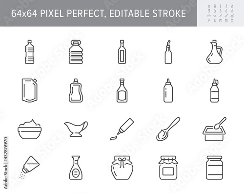 Sauces line icons. Vector illustration include icon - jug, cup, vinegar, mayonnaise, ketchup, sour cream, cheese sauce, outline pictogram for food spice. 64x64 Pixel Perfect, Editable Stroke