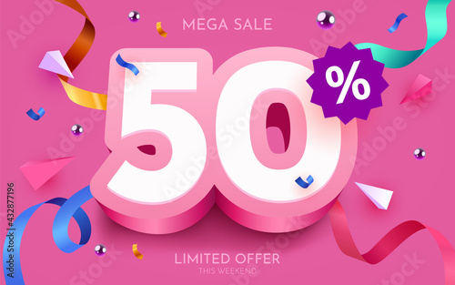 50 percent Off. Discount creative composition. 3d mega sale symbol with decorative objects. Sale banner and poster.