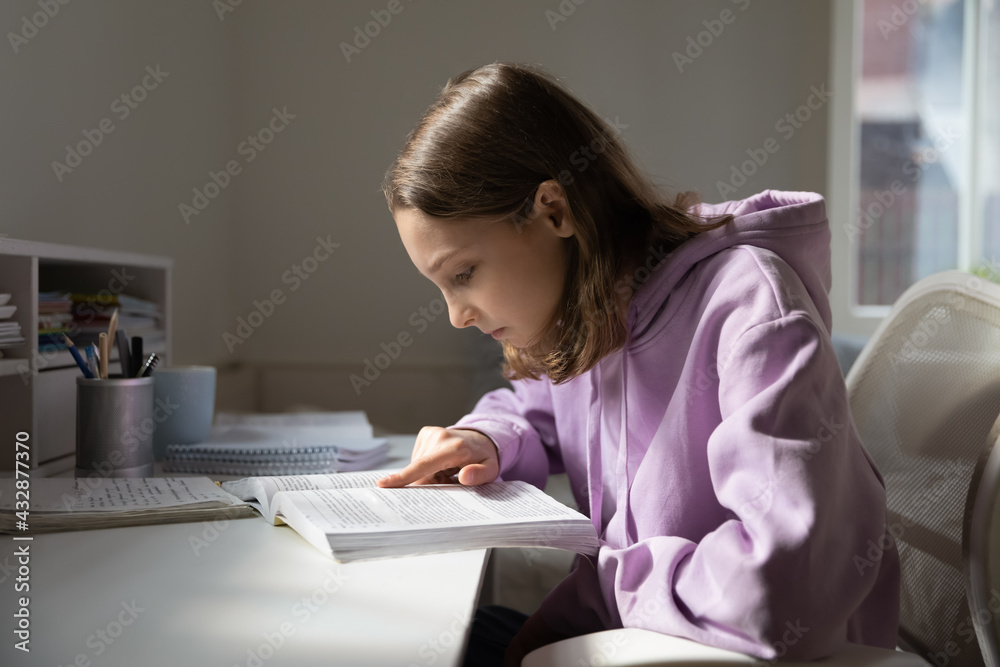 Concentrated young teenage girl in comfort hoodie reading educational material from textbook, learning foreign language or preparing alone for school examination, study at home, homeschooling concept. Concentrated young teenage girl in comfort hoodie reading educational material from textbook, learning foreign language or preparing alone for school examination, study at home, homeschooling concept.