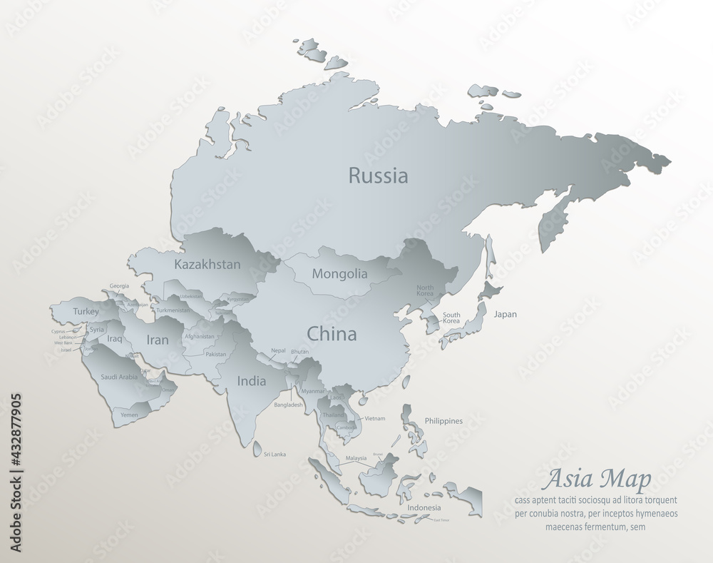 Asia map, separate states with names, white blue card paper 3D vector