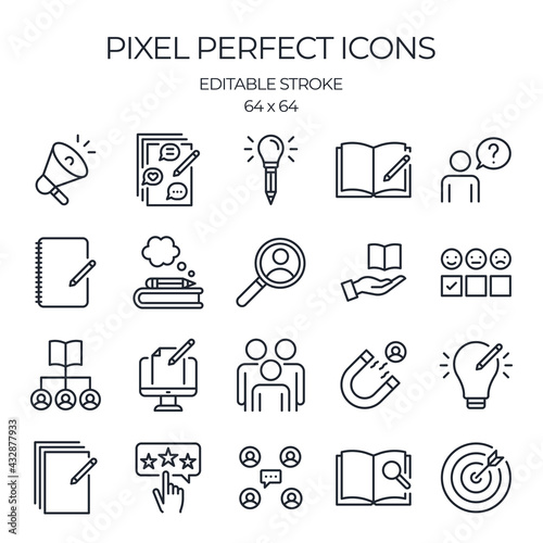 Brand storytelling and inbound marketing concept editable stroke outline icons set isolated on white background flat vector illustration. Pixel perfect. 64 x 64.