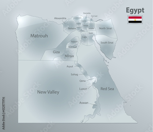 Egypt map and flag, administrative division, separates regions and names, design glass card 3D vector