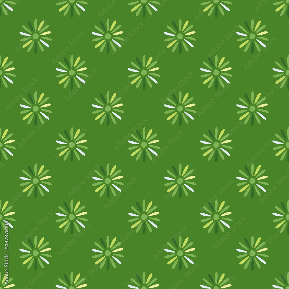 Field nature seamless pattern with geometric ditsy flower shapes ornament. Bright green background. Field nature seamless pattern with geometric ditsy flower shapes ornament. Bright green background.