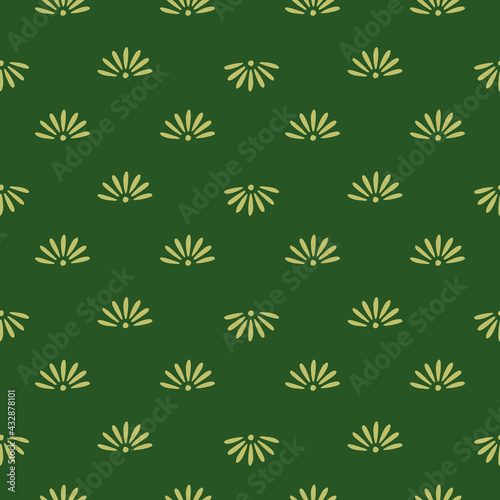 Decorative seamless pattern with little simple style chamomile flowers print. Green background. © Lidok_L