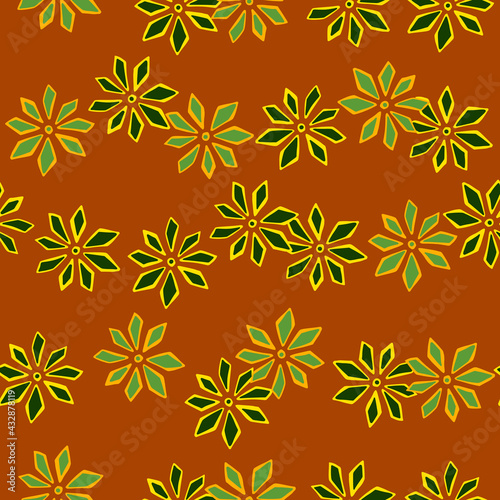 Scrapbook seamless doodle pattern with green random contoured carnation flowers elements.