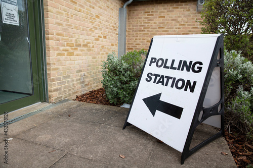 Polling station sign outside the entrance to a political voting location in UK
