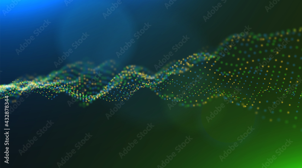 Abstract technology background. Digital blue and green particle wave. Sound structure visualization. Flow dot landscape. Abstract technology background. Digital blue and green particle wave. Sound structure visualization. Flow dot landscape.