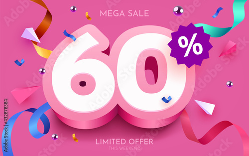 60 percent Off. Discount creative composition. 3d mega sale symbol with decorative objects. Sale banner and poster.